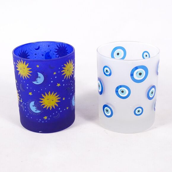 Celestial Sun Moon Stars Evil Eye Glass Candle Holder Cup Stand x2 Cobalt Blue - Picture 1 of 8
